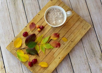 Cozy mug of gourmet hot chocolate with whipped cream with autumnal leaves as decorative and colourful background