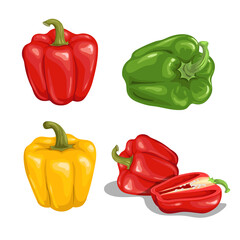Cartoon bell peppers set. Red, green and yellow vegetables. Group with whole and halved red bells. Vector illustrations collection isolated on white background.