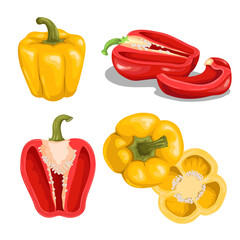 Cartoon bell peppers set. Red and yellow vegetables. Whole and halved red bells. Top and front view. Vector illustrations collection isolated on white background.