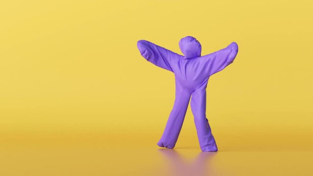 3d render, man wearing inflatable violet halloween costume, cartoon character dancing over yellow background. Funny mascot looping animation, modern minimal seamless motion design
