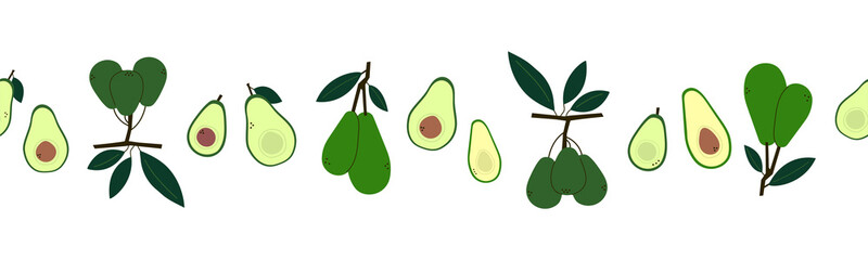 Modern seamless border with avocado. Set of vector fruit isolated on white background. Line pattern. Endless ornament. Design template. Illustration in flat cartoon style. Print, wallpaper