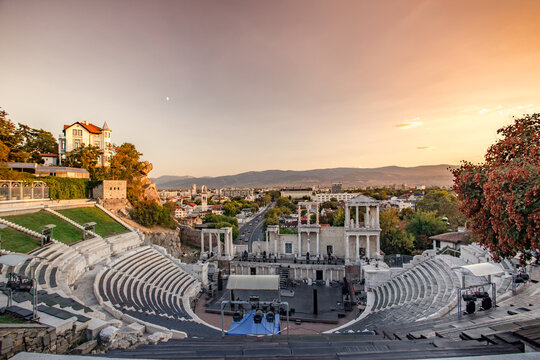 Roman theatre of Philippopolis in Plovdiv, Bulgaria.Panorama of the ancient Amphitheatre in Plovdiv