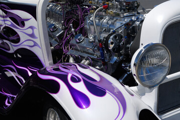Purple flames hot rod paint and chrome engine