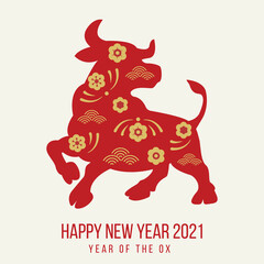 Happy new year 2021 festive banner with ox. Red paper cut buffalo with golden floral asian pattern. Greeting card with oriental elements with craft style on background. Holiday vector illustration.