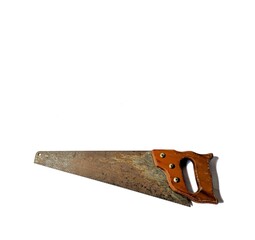 Old handsaw on white background. carpentry concept