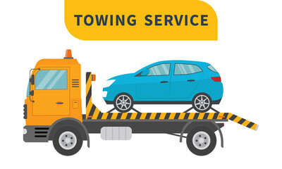 Tow truck. City road assistance service evacuator. Vector illustration in flat design.