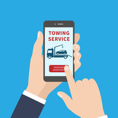Tow truck. Online service for evacuate of faulty vehicles. Vector illustration in flat design 