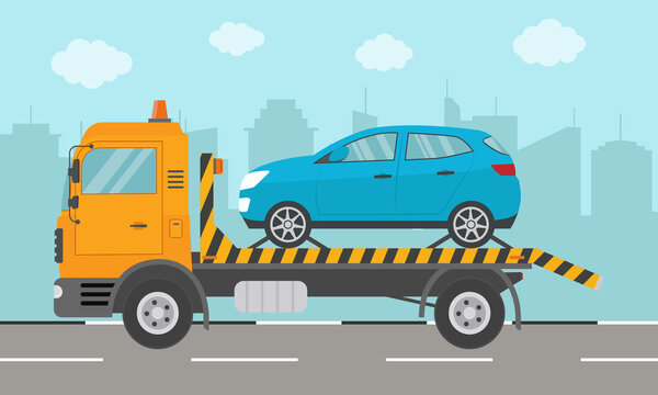 Tow truck. City road assistance service evacuator. Vector illustration in flat design.

