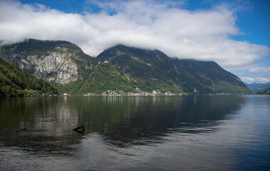 The lake in Hallstatt with nice weather and low clouds