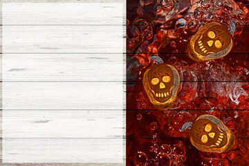 Skeleton pumpkins on bloody background with room for words