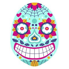 Funny bold colors calavera skull stock vector illustration. Smiling cartoon bright mexican sugar skull white isolated. Latino traditional cultural festival dia de muertos flat vector illustration.