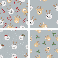 Collection of 4 seamless christmas patterns in doodle childish style. Vector cute winter textures with deer and bear