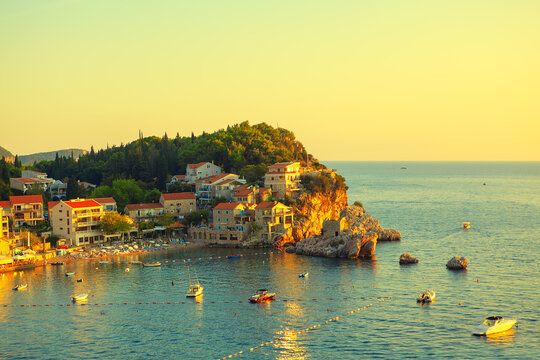 Przno beach in Budva Montenegro . Scenery of Adriatic Sea coast 