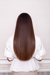 Female back with long straight brunette hair in hairdressing salon