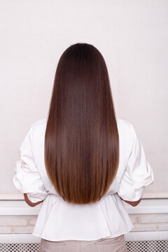 Female Back With Long Straight Brunette Hair In Hairdressing Salon