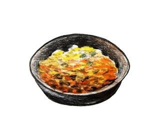 hot spicy soup with vegetable and prawn in chinese bowl on white background, drawing illustration