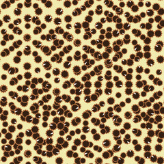 Abstract Brown seamless pattern with yellow, white, limon, black, dark brown colors, lines, dots, figures, hair, viruses shapes