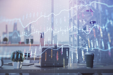 Double exposure of stock market graph drawing and office interior background. Concept of financial analysis.