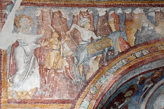Abramo conduce Isacco sul monte per sacrificarlo a Dio; affresco nella chiesetta di San Giacomo a Grissiano (Alto Adige)