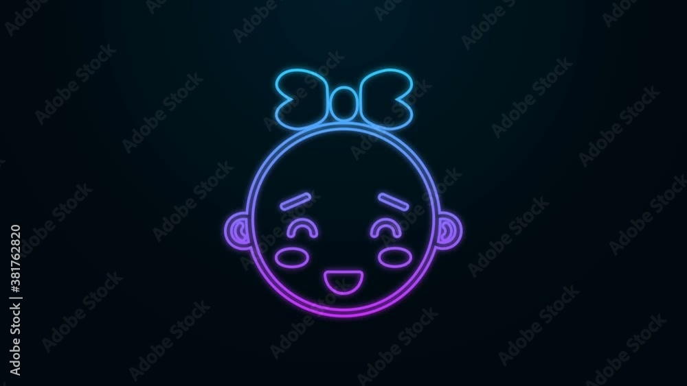 Canvas Prints Glowing neon line Happy little girl head icon isolated on black background. Face of baby girl. 4K Video motion graphic animation