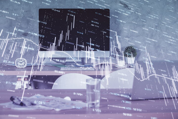 Multi exposure of financial graph drawing and office interior background. Concept of market analysis.