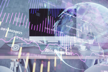 Multi exposure of financial graph drawing and office interior background. Concept of market analysis.
