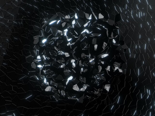 Broken window - circular brake - glass pieces flying towards camera