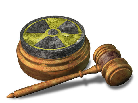 Radiation logo on the hammer of justice. The concept of environmental pollution. 3D rendering.