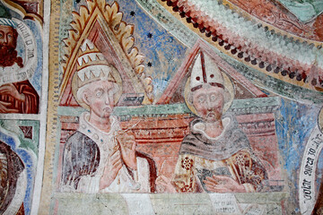 San Gregorio e Sant'Agostino, dottori della Chiesa; affresco di Giovanni e Battista Baschenis nella chiesa dei santi Filippo e Giacomo e Segonzone (Trentino)