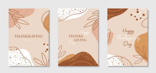 Fototapeta na wymiar Happy Thanksgiving Day - set of greeting cards with abstract leaves and spots with terrazzo texture