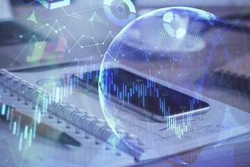 Double exposure of forex chart drawing and cell phone background. Concept of financial data analysis