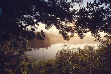 Obraz premium morning mist above the river at the sunrise