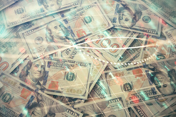 Multi exposure of forex chart drawing over us dollars bill background. Concept of financial success markets.