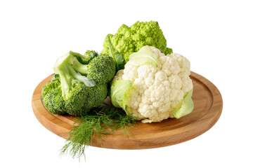 Cauliflower and broccoli, romanesco on wooden board isolated on white