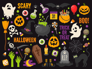 Set of vector characters and icons for Halloween in cartoon style. Traditional elements of Halloween in dark background.