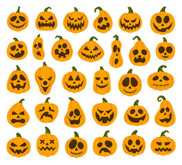 Set of Halloween scary pumpkins isolated on white background. Vector spooky creepy pumpkins of various shapes and emotions in flat style.