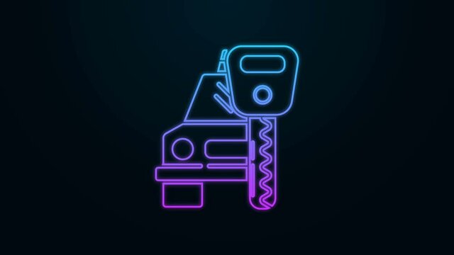 Glowing neon line Car rental icon isolated on black background. Rent a car sign. Key with car. Concept for automobile repair service. 4K Video motion graphic animation