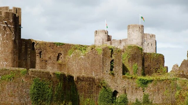 Telephoto shot revealing of Caerphilly Castle in Wales, UK built by Gilbert de Clare in 1268 to  maintain control of Glamorgan