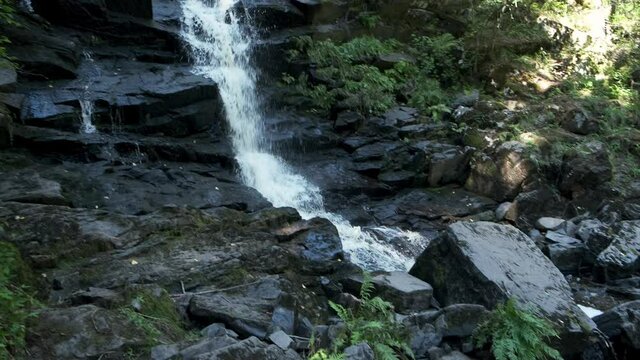 Panorama scenic view on mountain waterfall in Karelia, Russian North. Jukankoski or White Bridges waterfall on river Kulismayoki.