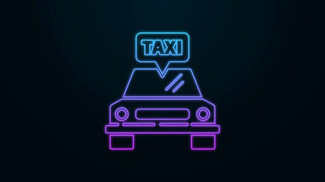 Glowing neon line Taxi car icon isolated on black background. 4K Video motion graphic animation