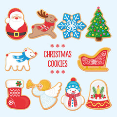 Set of 10 christmas cookies coated with colored glazing and decorated with ornament: santa, sleigh deer, stocking, snowman, angel, bear, snowflake, bell, christmas tree