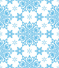 CHRISTMAS SIMLESS PATTERN WITH STYLIZED CURLED BLUE SNOWFLAKES ON A WHITE BACKGROUND. VECTOR ILLUSTRATION, BACKGROUND FOR TEXTILE, WRAPPING PAPER, PACKAGING