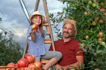 Farmer and His Little Daughter on Orchard Ladder Looking at Camera