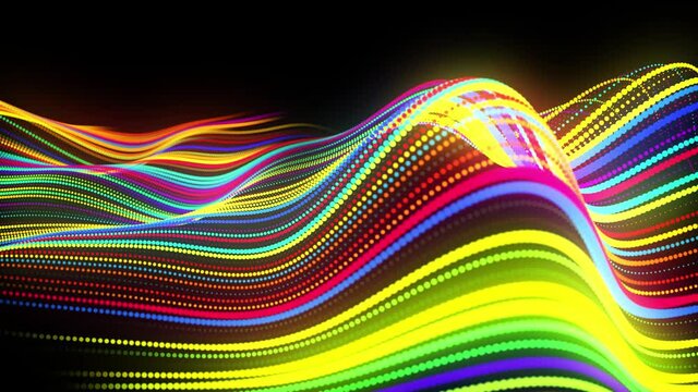 Festive vj loop with multicolored particles and smooth animated camera. Abstract 3d bg with glow particles lined up in a row along curved waving lines in 3d space. Motion design background.