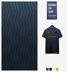 Geometry pattern on black background for soccer jersey, football kit, bicycle, e-sport, basketball, sports uniform, t-shirt mockup template. Fabric textile design. Abstract sport background. Vector © tondruangwit