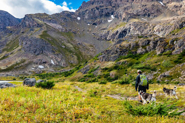 Hiking with a couple of husky dogs in Alaska Glen Alps