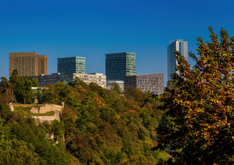 Fototapeta na wymiar View over Luxembourg to the EU quarter from the Casemates de la Pétrusse
