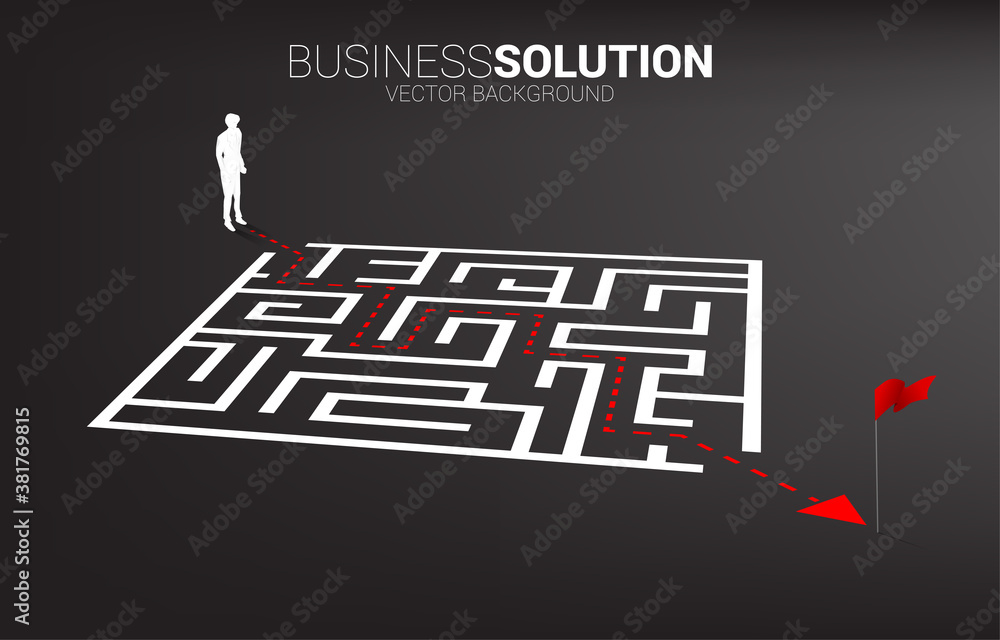 Aufkleber Silhouette of businessman with route path to exit the maze. Business concept for problem solving and finding idea.