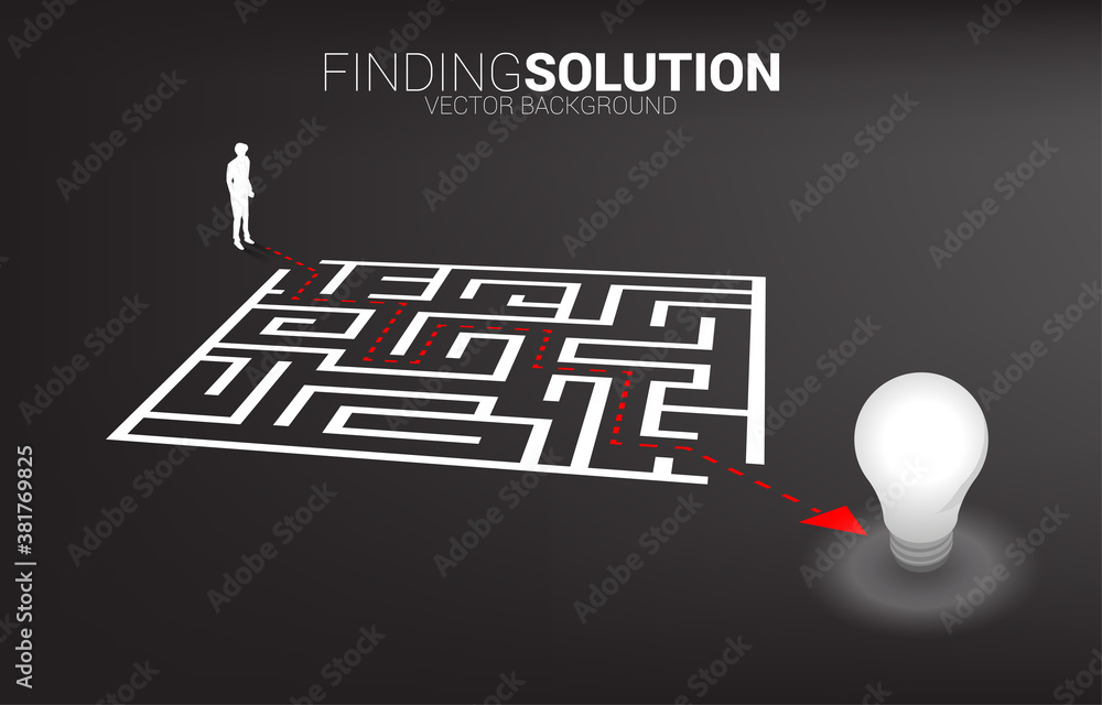 Poster Silhouette of businessman with route path to exit the maze to light bulb. Business concept for problem solving and finding idea.