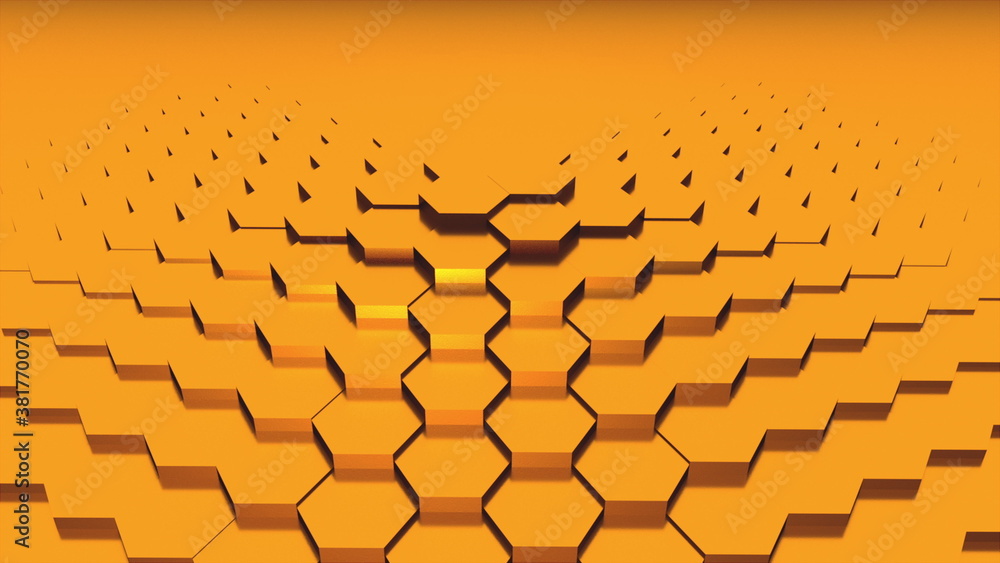 Poster 3d rendering of gold hexagonal backdrop. computer generated abstract design.